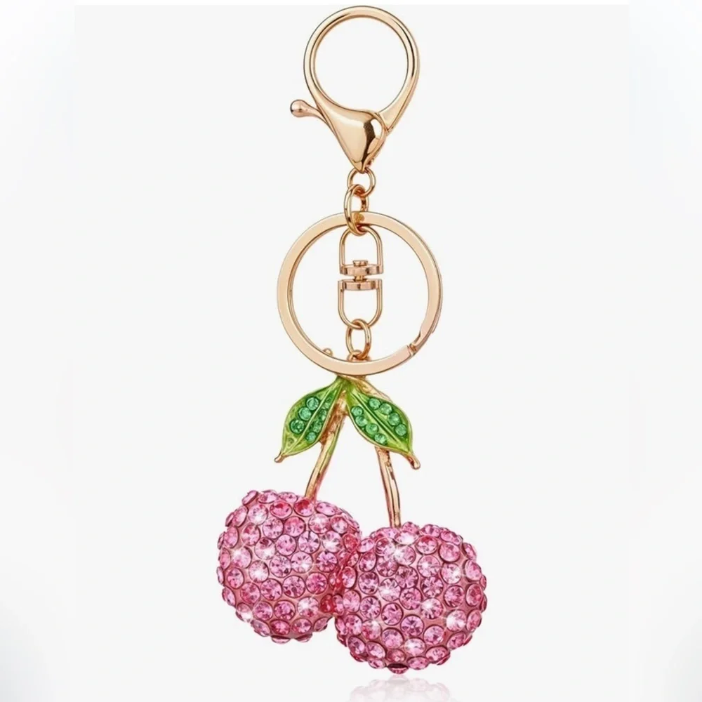 Cherry Bling rhinestone bag charm with gold clip keys, purse, accessories